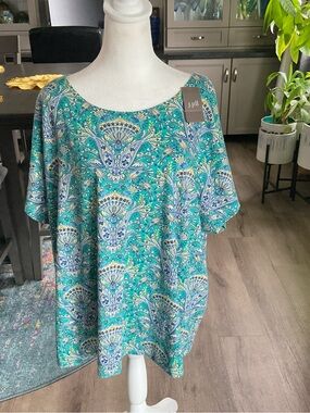 J. Jill Teal and Blue Paisley Scoop Neck Short Sleeve Top